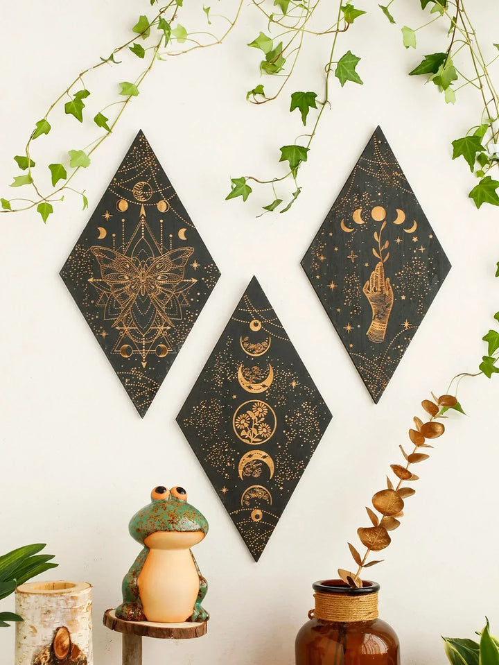 Svart Månfaser Träväggsdekoration Rhombus Väggkonst Boho Heminredning Häxa Tapestry Dekoration Rumsinredning Estetiskt Gåva