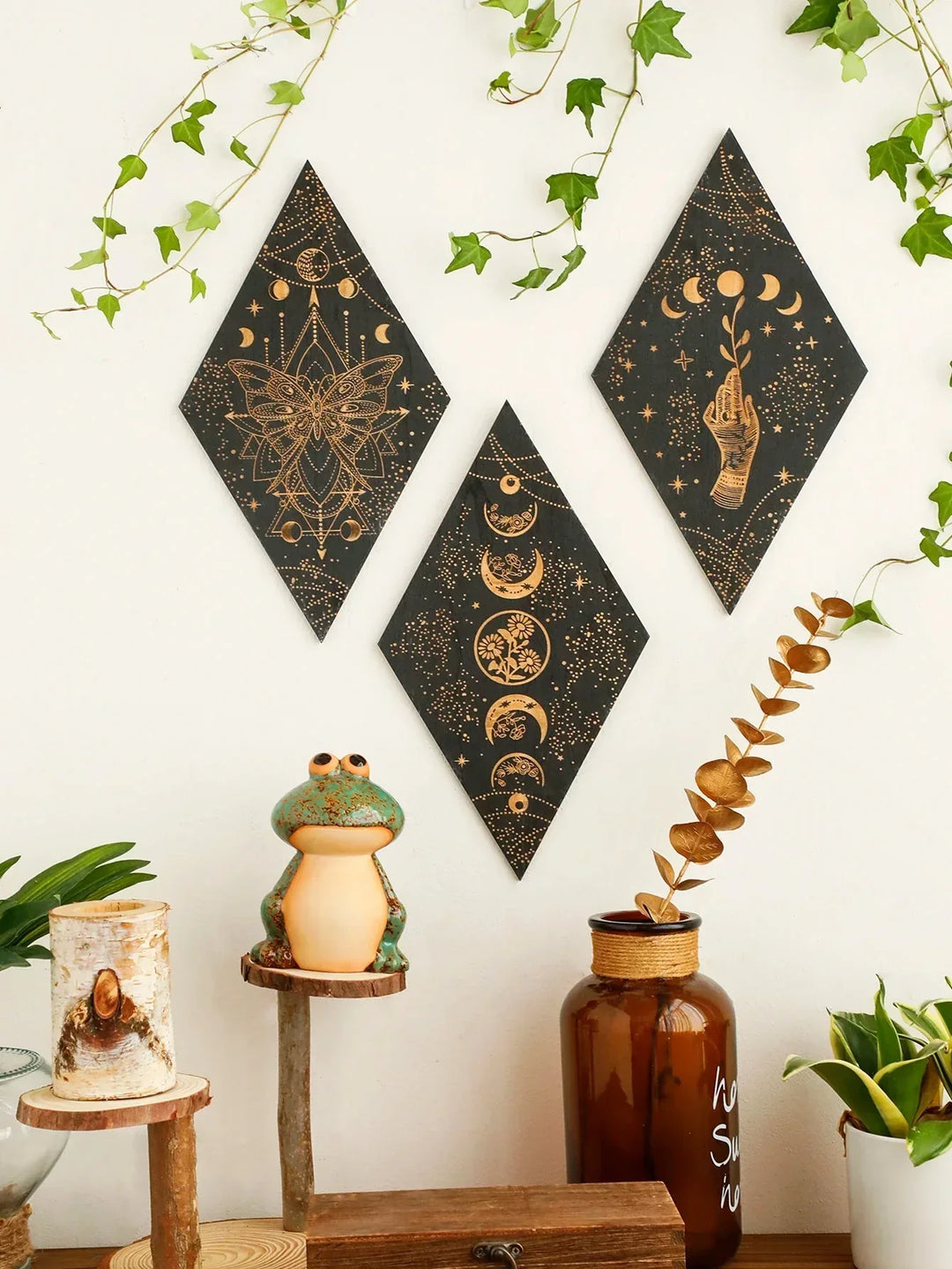 Svart Månfaser Träväggsdekoration Rhombus Väggkonst Boho Heminredning Häxa Tapestry Dekoration Rumsinredning Estetiskt Gåva