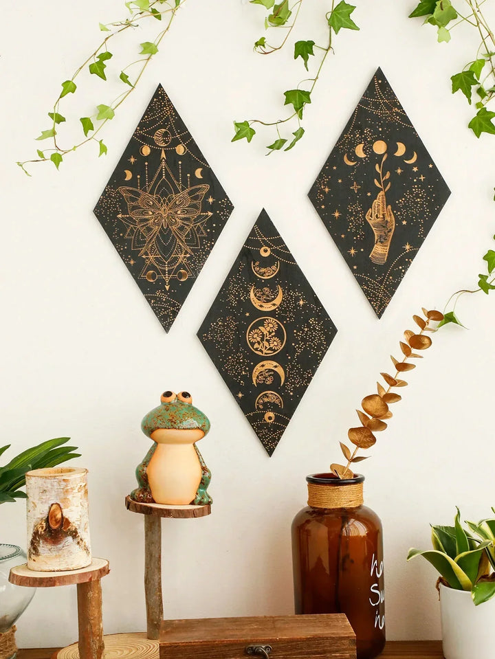 Svart Månfaser Träväggsdekoration Rhombus Väggkonst Boho Heminredning Häxa Tapestry Dekoration Rumsinredning Estetiskt Gåva