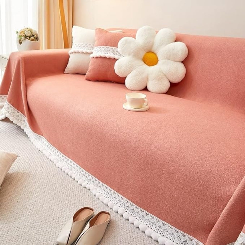 Klassisk Chenille Sofföverdrag med Spetskant