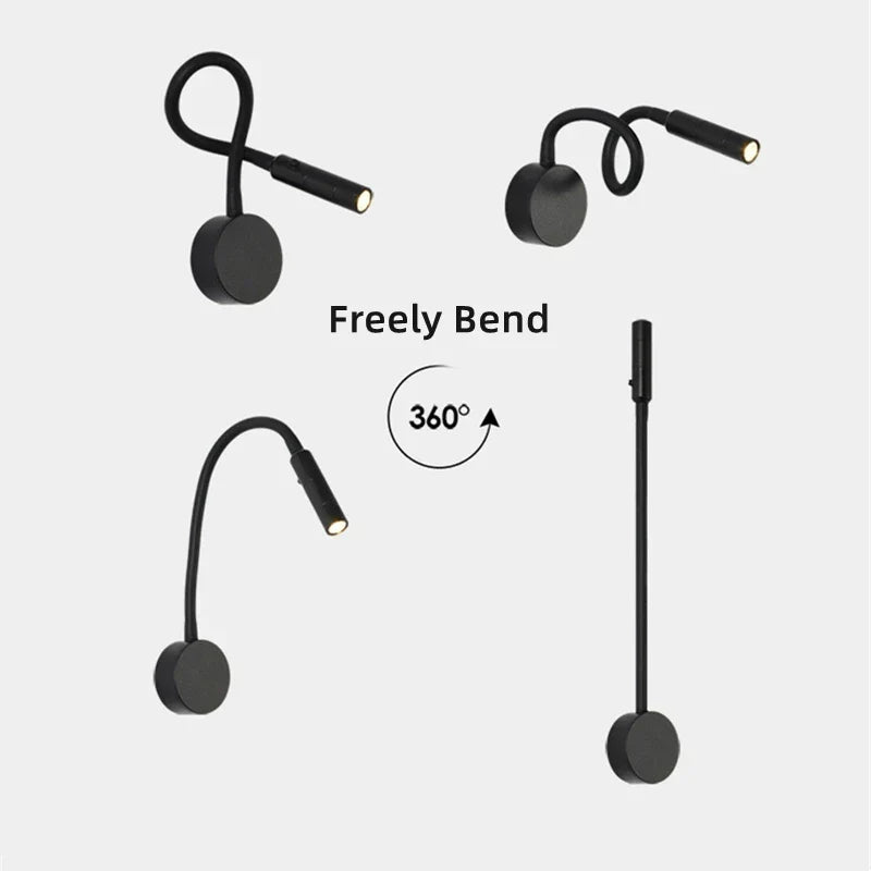Modern flexibel LED-läslampa för vägg med strömbrytare för sovrum och kontor - 1W/3W