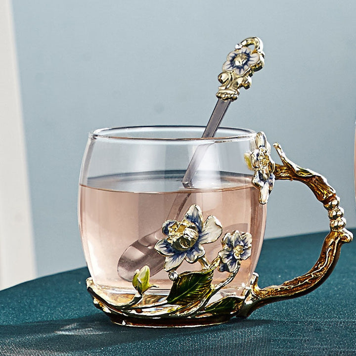 Hantverkad emaljblomma glas mugg för par, kärleksgåva som kan servera kaffe, smakfullt te eller till och med citronjuice i