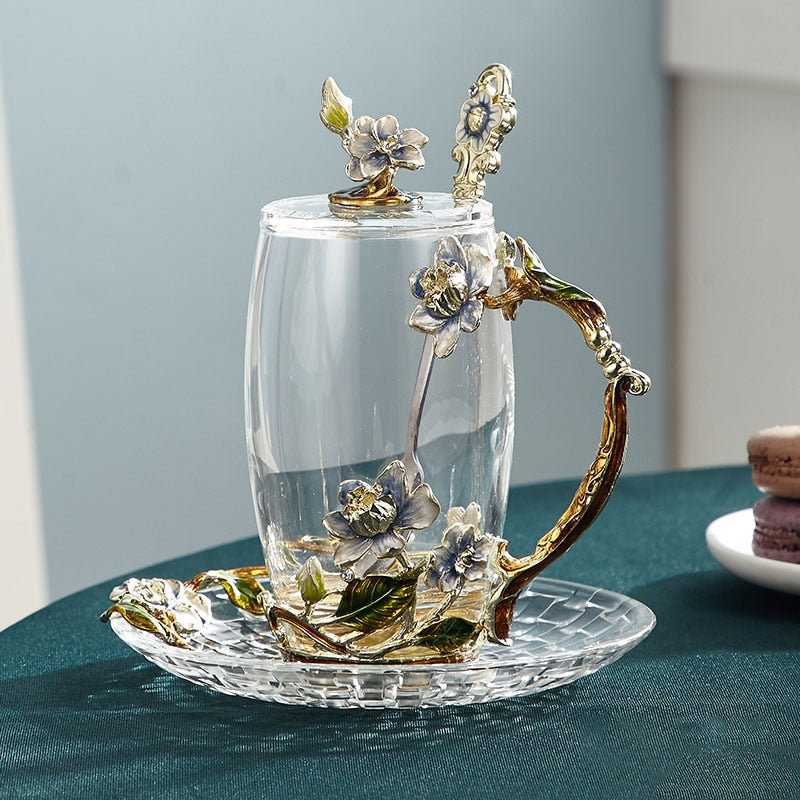 Hantverkad emaljblomma glas mugg för par, kärleksgåva som kan servera kaffe, smakfullt te eller till och med citronjuice i
