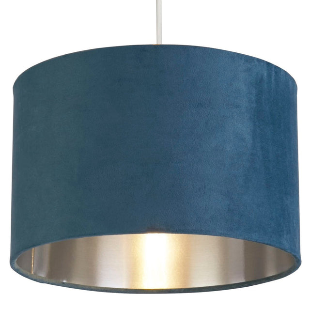 Teal Blå Sammet Vintage Easy Fit Trumlampa Skärm med Silver Inredning 28cm