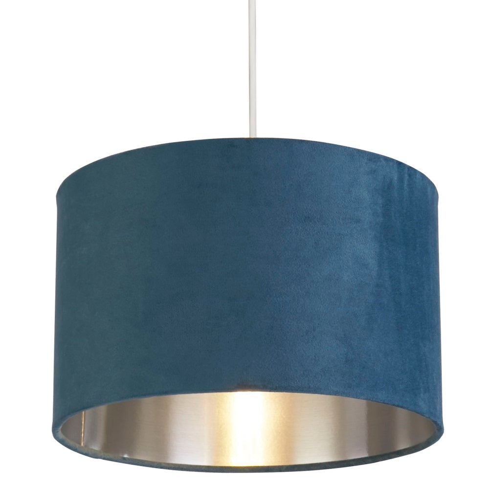 Teal Blå Sammet Vintage Easy Fit Trumlampa Skärm med Silver Inredning 28cm