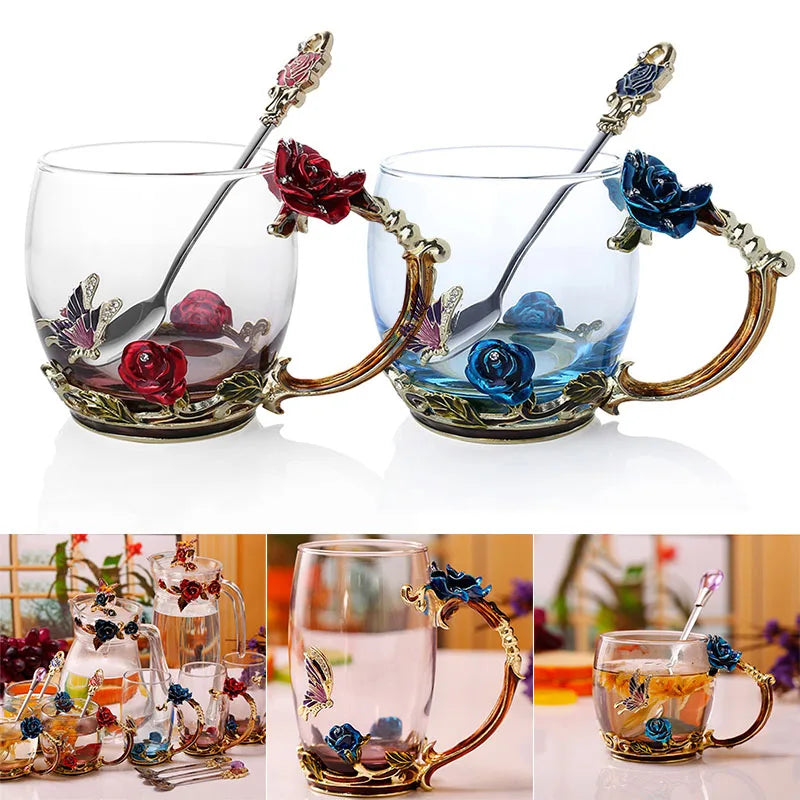 Handgjorda Emalj Kaffe Muggar Ros-Glas Te Kopp med Stålsked Lyxiga Unika Gåvor för Bröllop Alla Hjärtans Dag Födelsedagsgåvor
