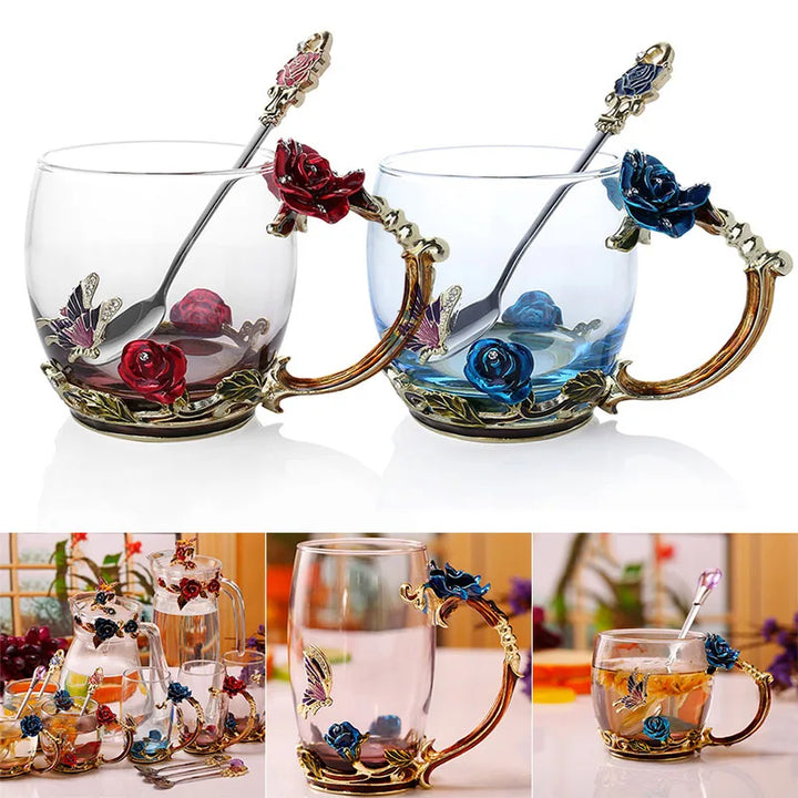 Handgjorda Emalj Kaffe Muggar Ros-Glas Te Kopp med Stålsked Lyxiga Unika Gåvor för Bröllop Alla Hjärtans Dag Födelsedagsgåvor