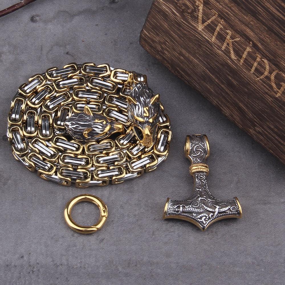 60–90 cm Stål Dubbel Varghuvud &amp; Mjolnir Survival Spirit Halsband/Armband