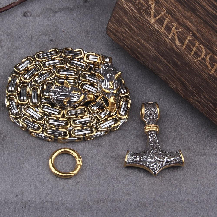 60–90 cm Stål Dubbel Varghuvud &amp; Mjolnir Survival Spirit Halsband/Armband