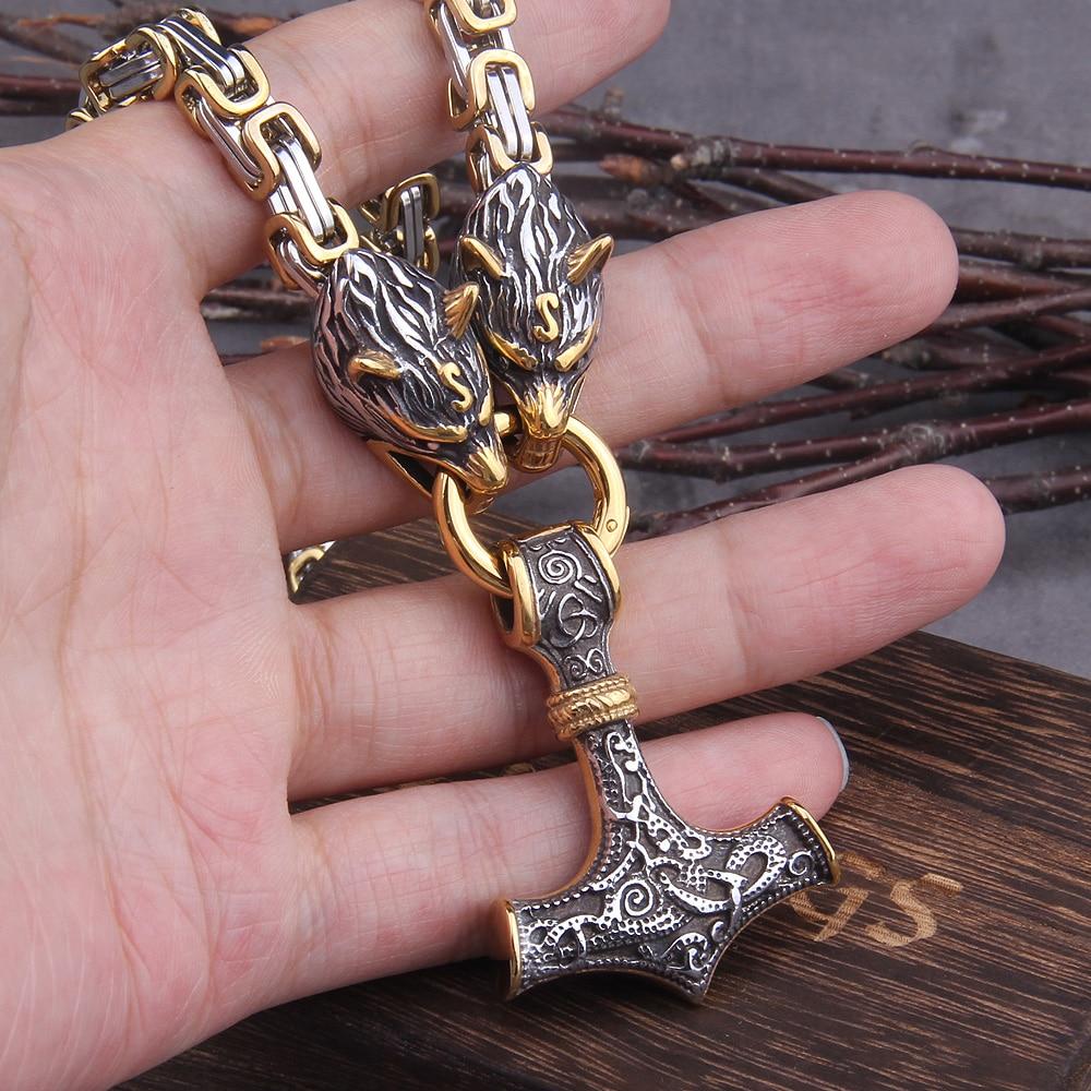 60–90 cm Stål Dubbel Varghuvud &amp; Mjolnir Survival Spirit Halsband/Armband
