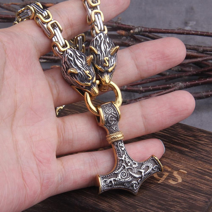 60–90 cm Stål Dubbel Varghuvud &amp; Mjolnir Survival Spirit Halsband/Armband