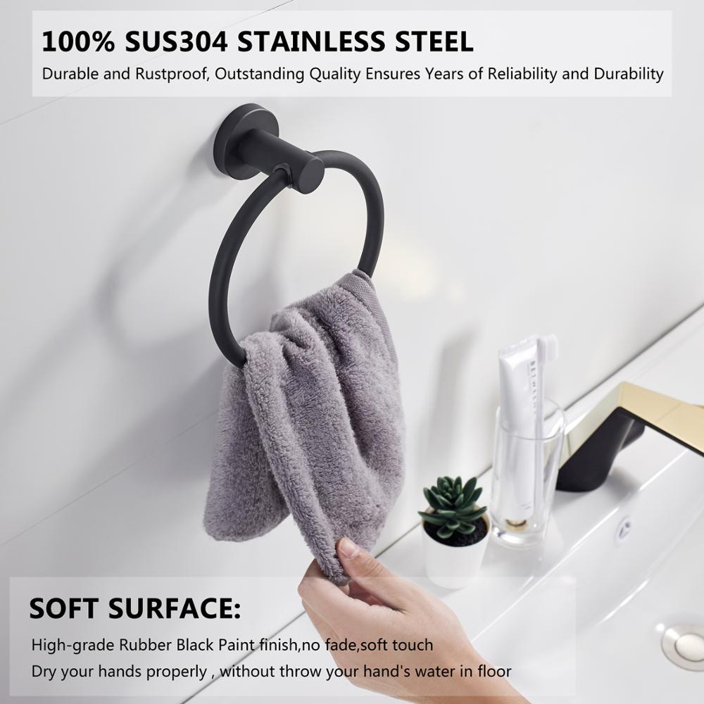 Handduksring i 304 rostfritt stål i krom, Rund enkel design, Svart, Europeiska badrumsaccessoarer, Rostfri