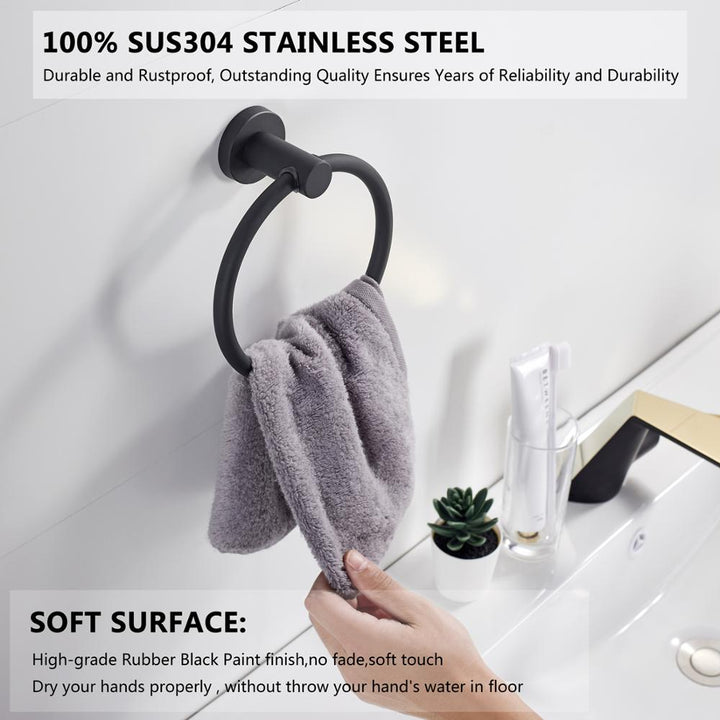 Handduksring i 304 rostfritt stål i krom, Rund enkel design, Svart, Europeiska badrumsaccessoarer, Rostfri