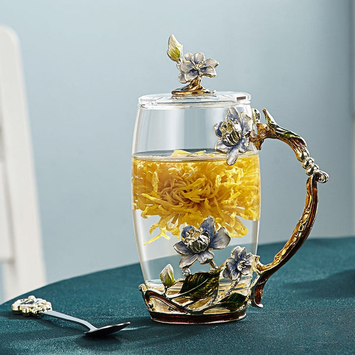Hantverkad emaljblomma glas mugg för par, kärleksgåva som kan servera kaffe, smakfullt te eller till och med citronjuice i
