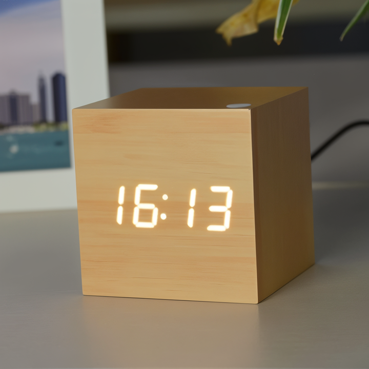 Digital LED Klocka - Kub Klocka - Trä Klocka