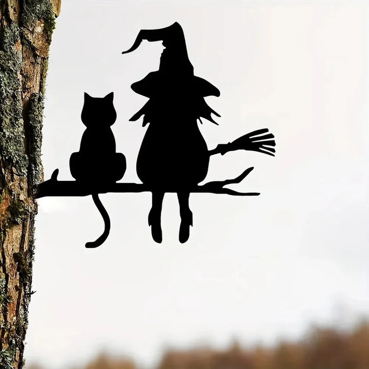 Metallkonst | Häxa och katt trädgårdsdekoration