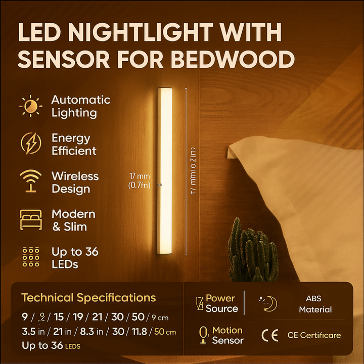 LED Nattlampa med Sensor för Trä Sängram