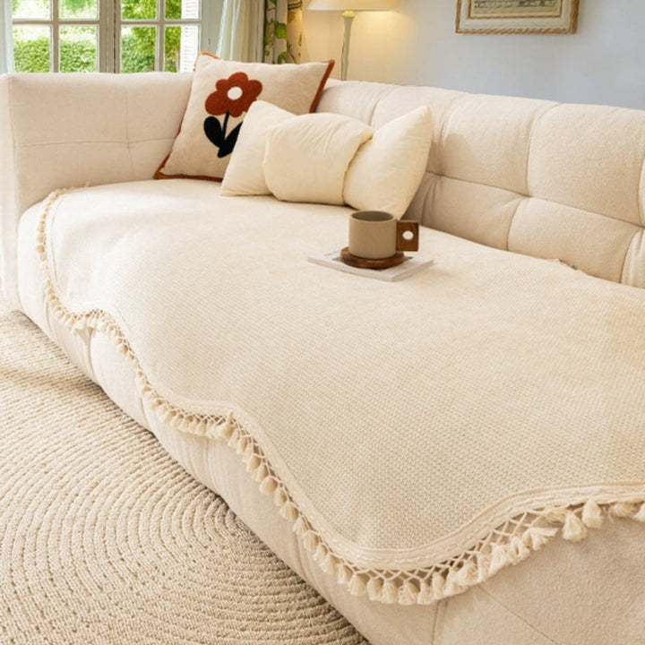 Lyxig Chenille Väv Textur Fringed Sofföverdrag