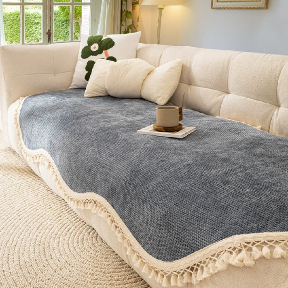 Lyxig Chenille Väv Textur Fringed Sofföverdrag