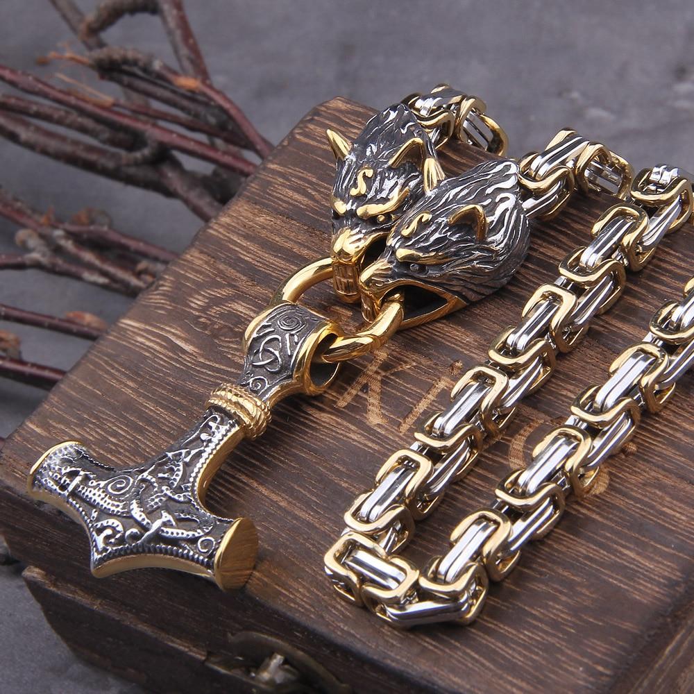 60–90 cm Stål Dubbel Varghuvud &amp; Mjolnir Survival Spirit Halsband/Armband