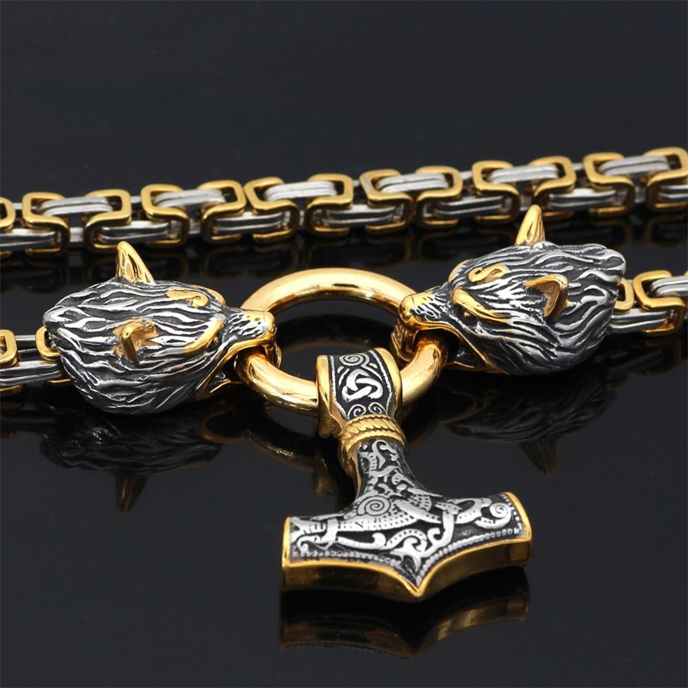 60–90 cm Stål Dubbel Varghuvud &amp; Mjolnir Survival Spirit Halsband/Armband