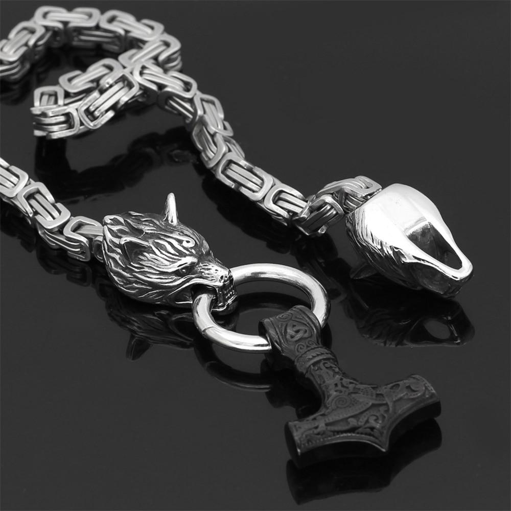 60–90 cm Stål Dubbel Varghuvud &amp; Mjolnir Survival Spirit Halsband/Armband