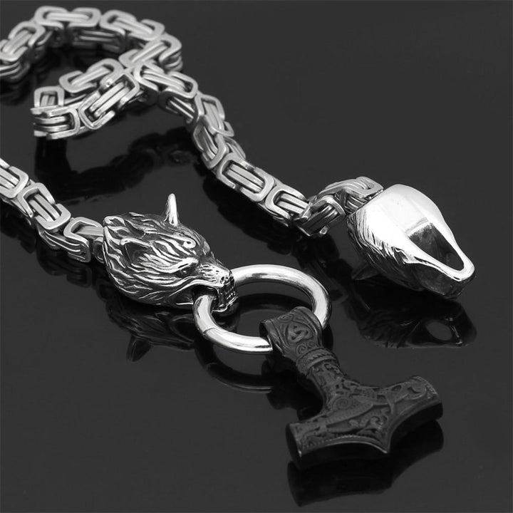 60–90 cm Stål Dubbel Varghuvud &amp; Mjolnir Survival Spirit Halsband/Armband
