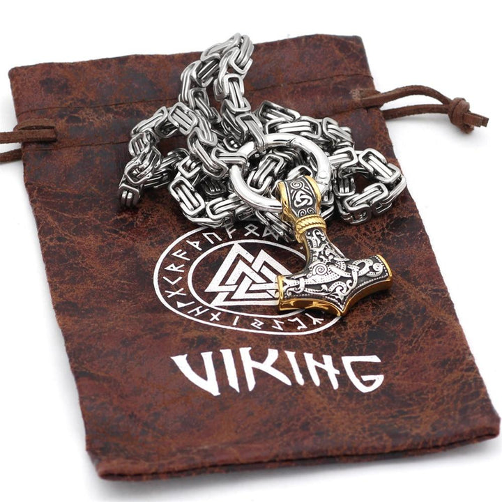 60–90 cm Stål Dubbel Varghuvud &amp; Mjolnir Survival Spirit Halsband/Armband