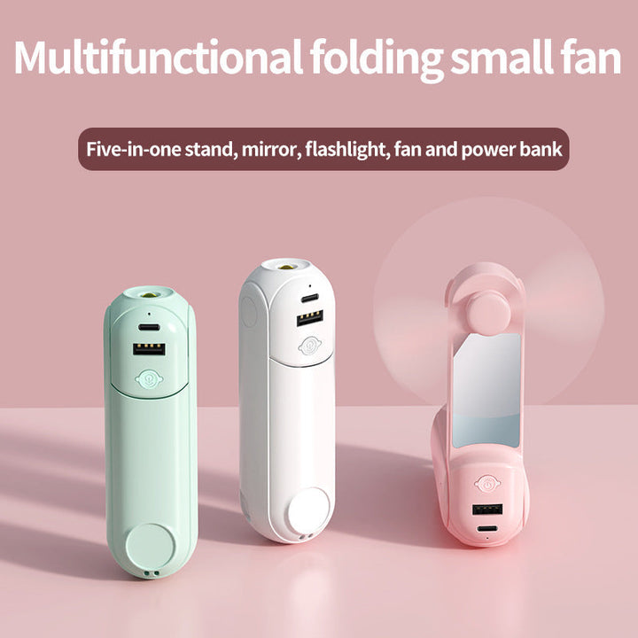 Unisex nan vikbar handfläkt med inbyggd USB-powerbank och kompakt spegel