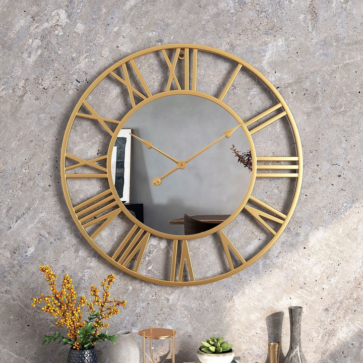 Metall Vintage Stor Väggklocka med Spegel 39cm