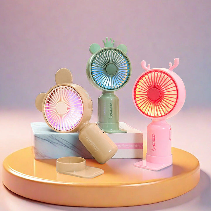 Kvinnors bärbara USB mini-fläkt med LED-nattljus, vikbar stativ och söt design