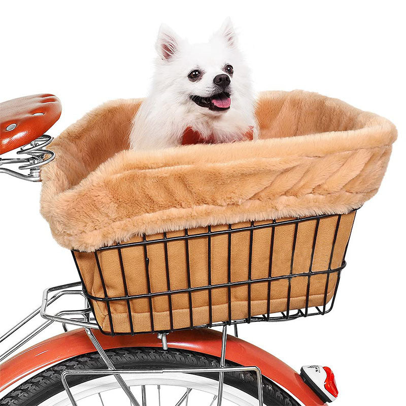 plush lined front bicycle pet basket with secure harness and waterproof liner