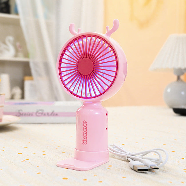 Kvinnors bärbara USB mini-fläkt med LED-nattljus, vikbar stativ och söt design