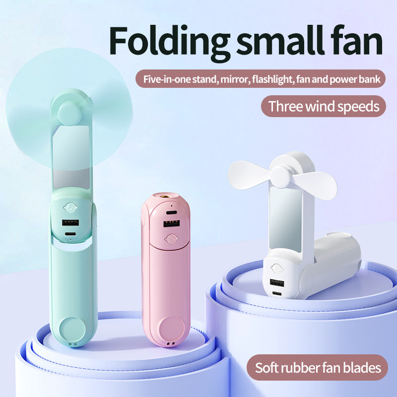 Unisex nan vikbar handfläkt med inbyggd USB-powerbank och kompakt spegel