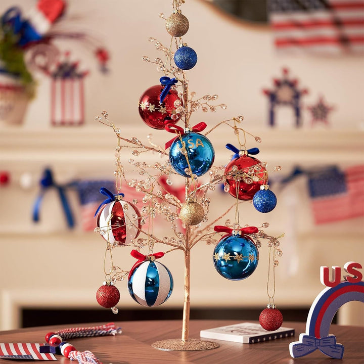 Unisex patriotisk julkula set med glitter och spegelytor samt båndupphängning