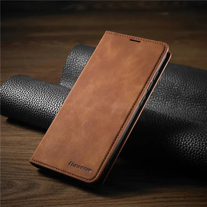 Telefonfodral i läder med magnetisk stängning och stötabsorberande design