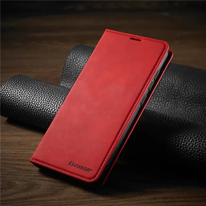 Telefonfodral i läder med magnetisk stängning och stötabsorberande design
