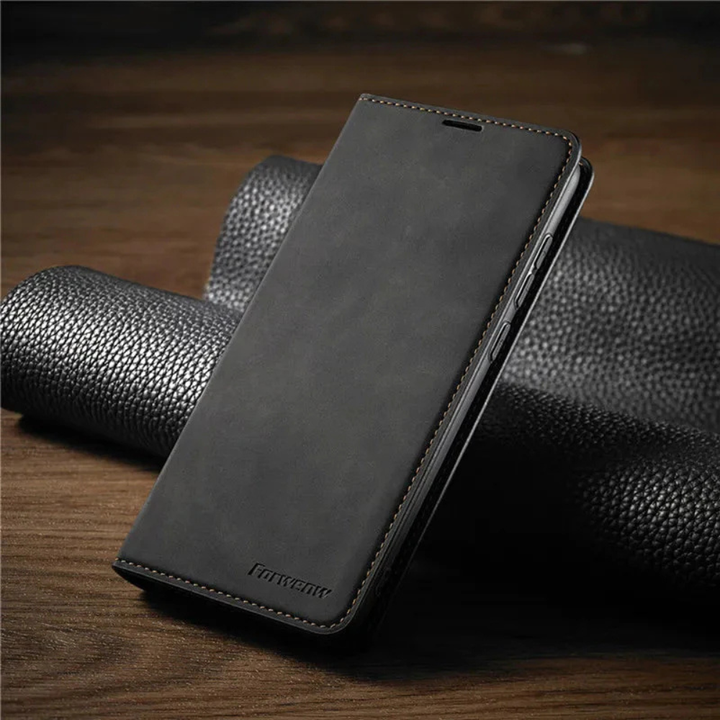 Telefonfodral i läder med magnetisk stängning och stötabsorberande design
