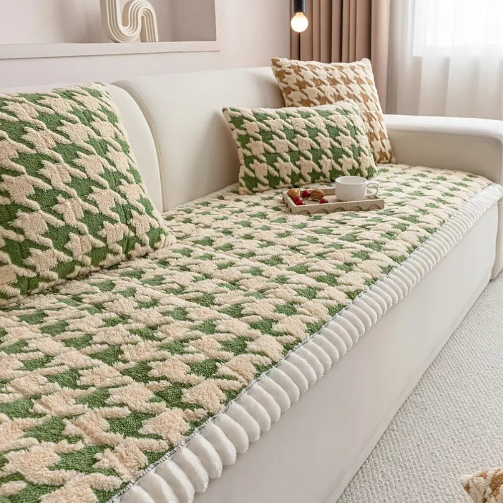 Färgglad Plysch Houndstooth Sofföverdrag och Kuddöverdrag