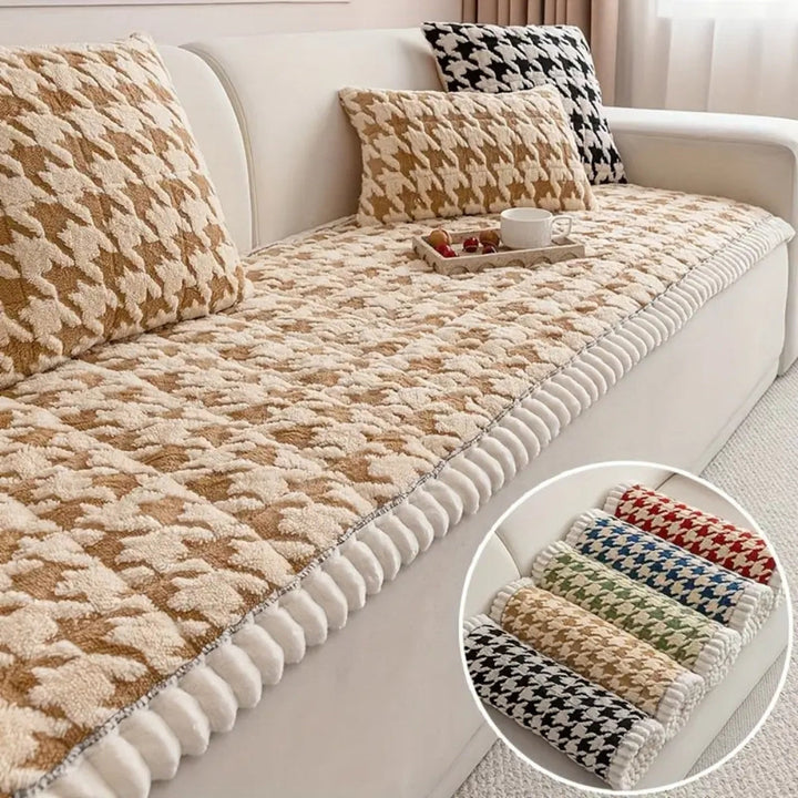 Färgglad Plysch Houndstooth Sofföverdrag och Kuddöverdrag