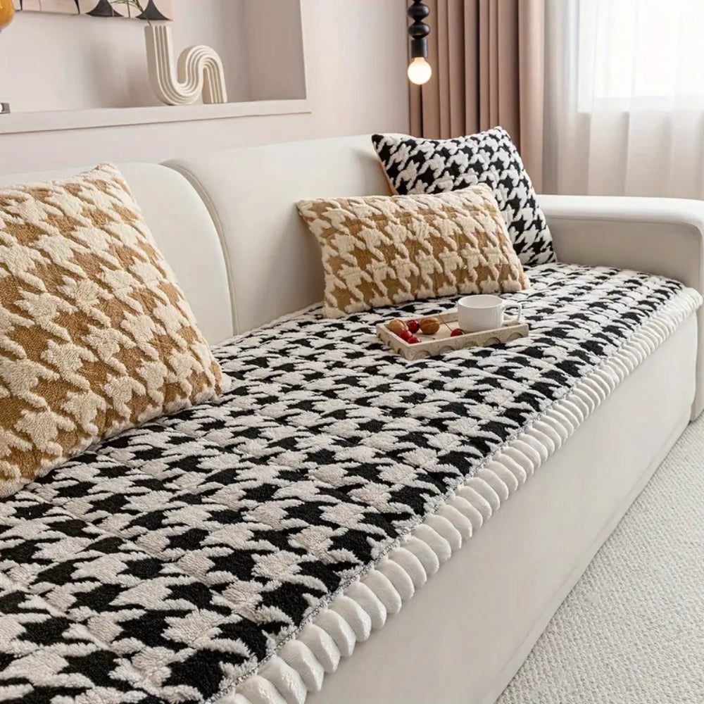 Färgglad Plysch Houndstooth Sofföverdrag och Kuddöverdrag