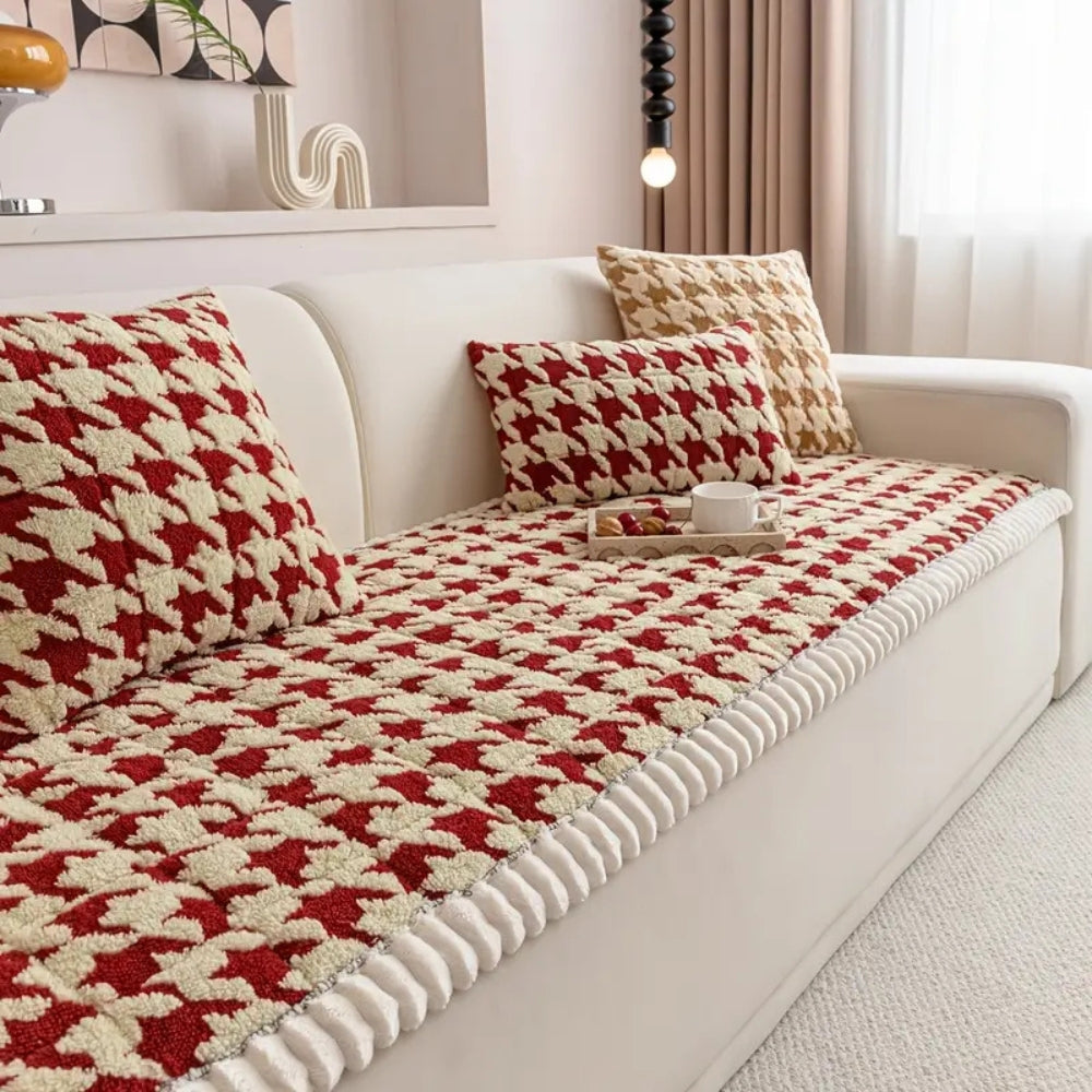 Färgglad Plysch Houndstooth Sofföverdrag och Kuddöverdrag