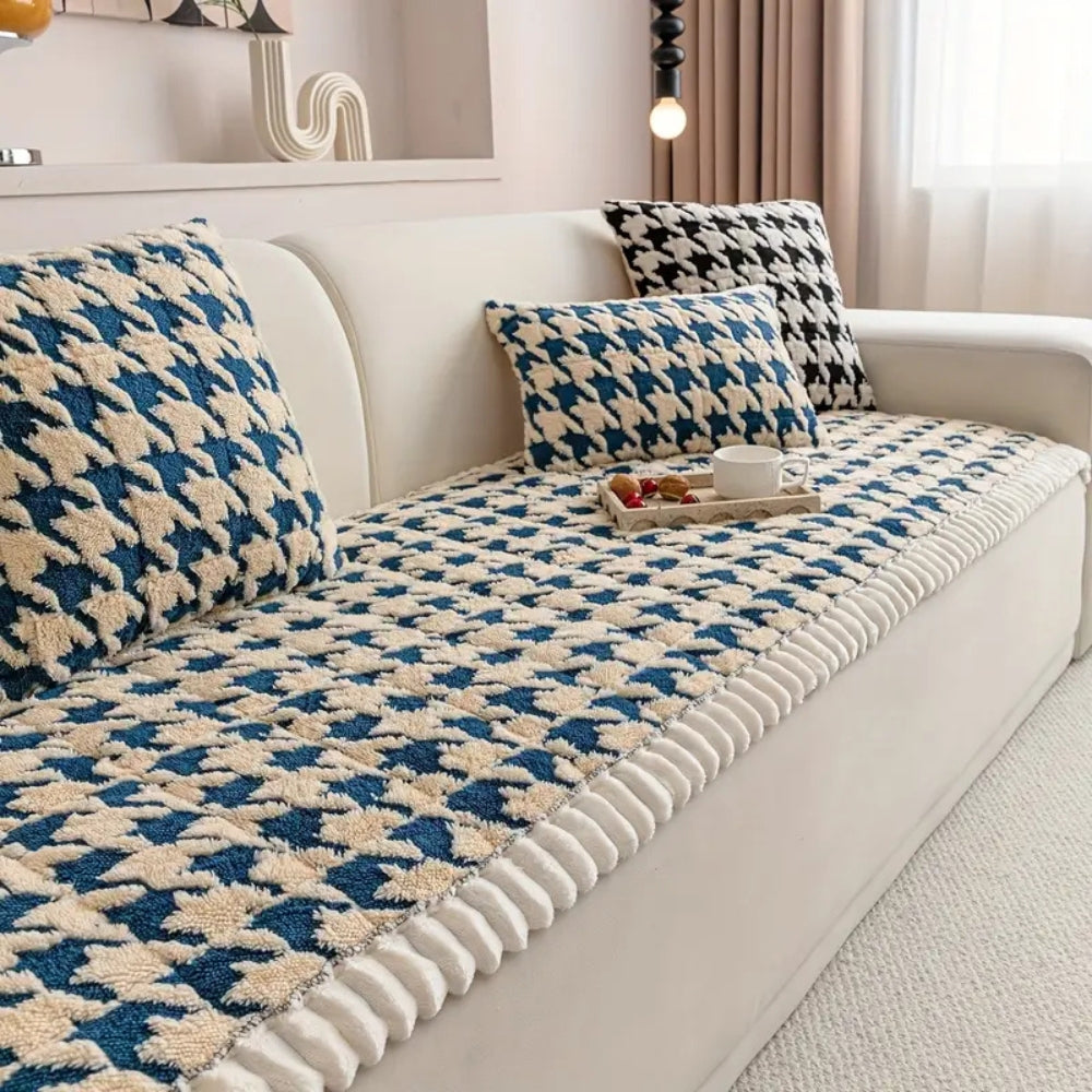 Färgglad Plysch Houndstooth Sofföverdrag och Kuddöverdrag