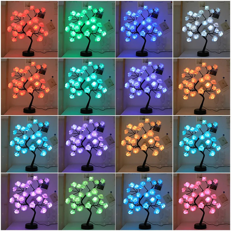 RGB Ros Blomma Träd Lampor 24LED USB Batteri Bordslampa Fe Nattljus Hem Fest Jul Bröllop Sovrum Dekoration Gåva