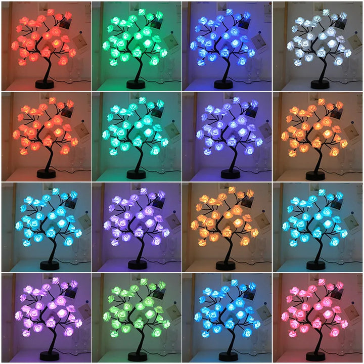 RGB Ros Blomma Träd Lampor 24LED USB Batteri Bordslampa Fe Nattljus Hem Fest Jul Bröllop Sovrum Dekoration Gåva
