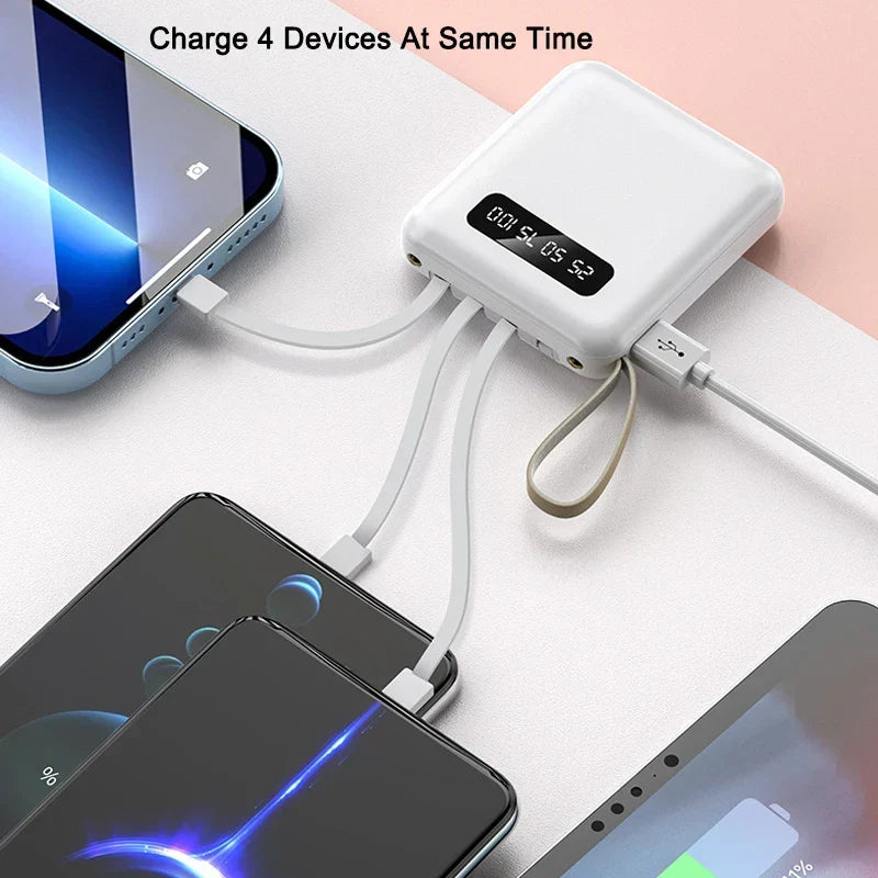 Mini Powerbank med Spegeldisplay | 20 000 mAh | Snabbladdningsfunktion &amp; Integrerade Kablar | För iPhone, Samsung, Xiaomi &amp; mer