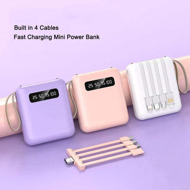 Mini Powerbank med Spegeldisplay | 20 000 mAh | Snabbladdningsfunktion &amp; Integrerade Kablar | För iPhone, Samsung, Xiaomi &amp; mer