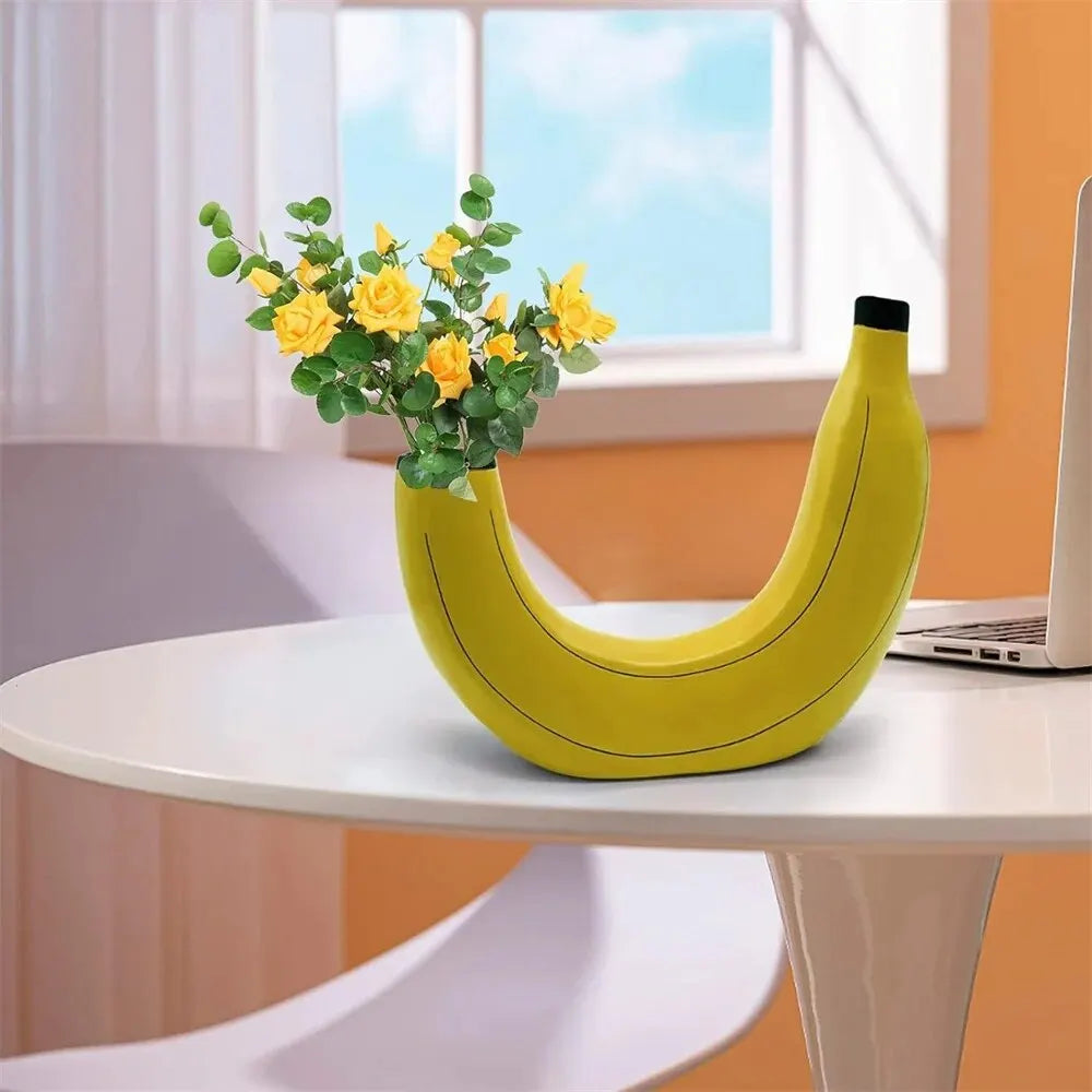 Bananvas, blomvas gjord av resin, söt bananform, dekorativ bordsvas för blomsterarrangemang, vardagsrum, sovrum, heminredning