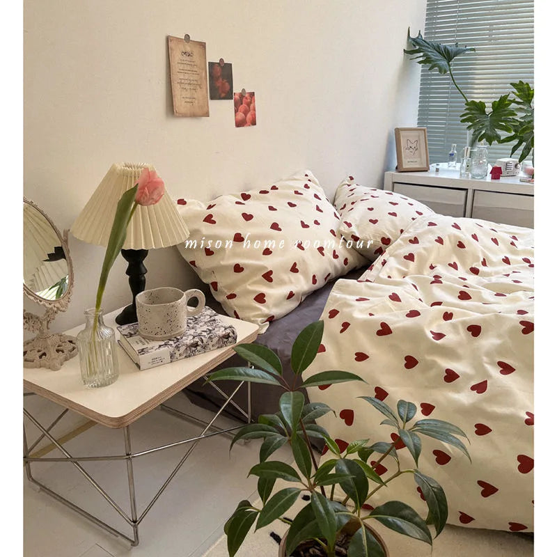 CozyLove | Twin, Full &amp; Queen Duvet Cover Set – Mjuk sängkläder i koreansk stil med hjärtdesign
