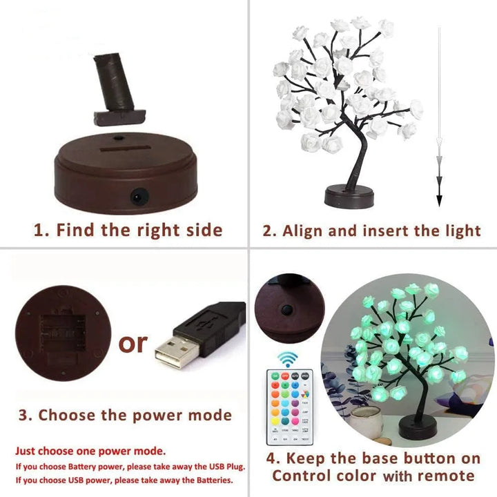RGB Ros Blomma Träd Lampor 24LED USB Batteri Bordslampa Fe Nattljus Hem Fest Jul Bröllop Sovrum Dekoration Gåva